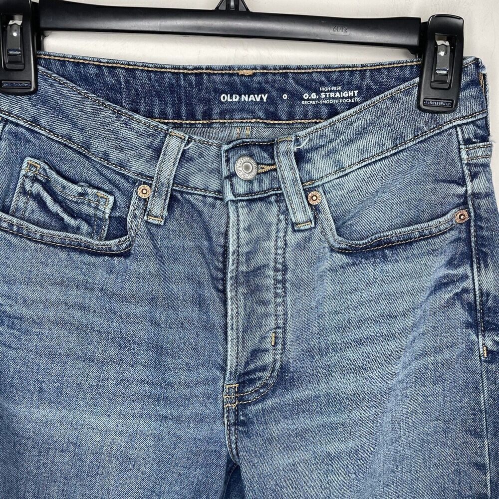OLD NAVY Jeans Womens 0 OG Straight High Rise Button Fly Medium Wash Distressed - Picture 3 of 10